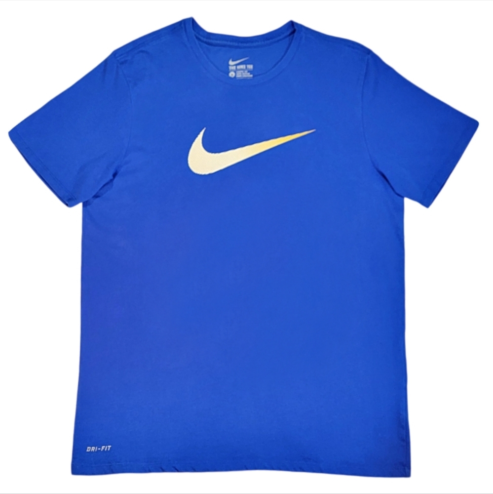 Men's The Nike Tee • Athletic Cut • Dri-Fit • Cotton • Blue w/Yellow Swoosh • L